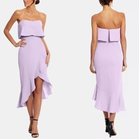 XSCAPE Ruffled High Low Bustier Lilac Purple Strapless Faux Wrap Dress 12P • - Picture 1 of 8